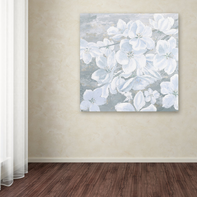 White Floral Canvas Art on Gray Background, 18" x 18"