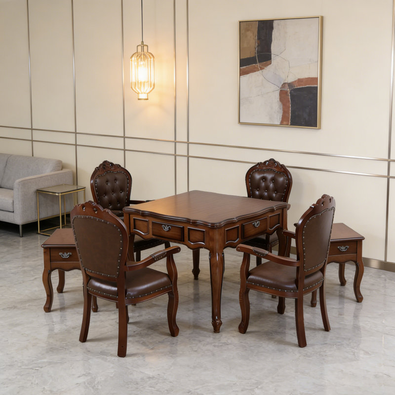 Table de Mahjong automatique en bois massif brun foncé American Retro avec plateau en bois massif