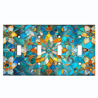 Plaque d'interrupteur en métal ; interrupteur à bascule 4 voies, taille standard américaine ; motif mandala en mosaïque de vitrail imprimé