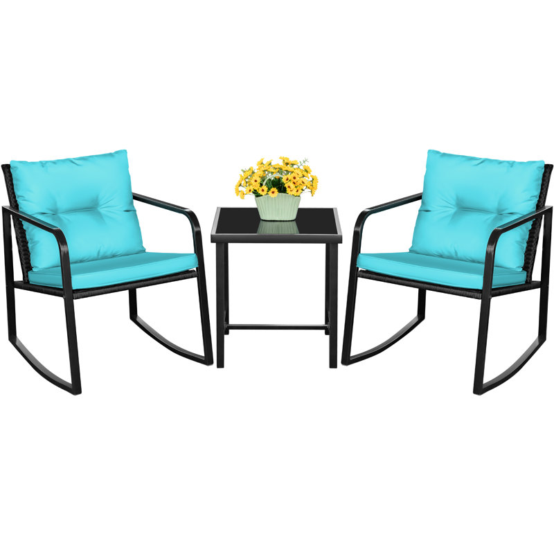 3 Piece Rocking Cafe Furniture Set Wicker Outdoor Patio Furniture Balcony Chair Assembly Kit With Glass Coffee Table, Blue
