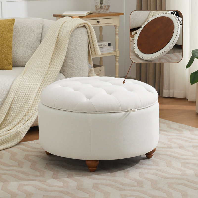 Beige Linen Upholstered Round Storage Ottoman with Wooden Tray Top