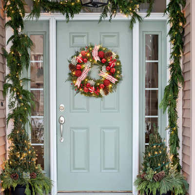 24 Inch Lighted Christmas Wreath for Front Door,  with Pine Cones, Berries, 20 LED Lights, Battery Operated, Waterproof Box