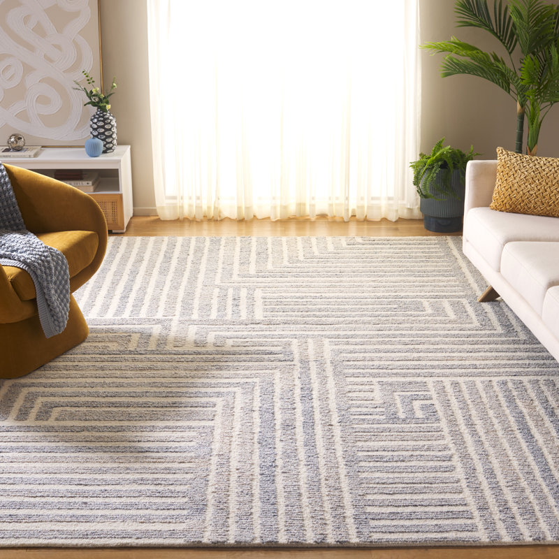 Nedin Hand Tufted Pet Yarn/Wool/Cotton Striped Rug in Blue/Ivory, Rectangle 8' x 10'
