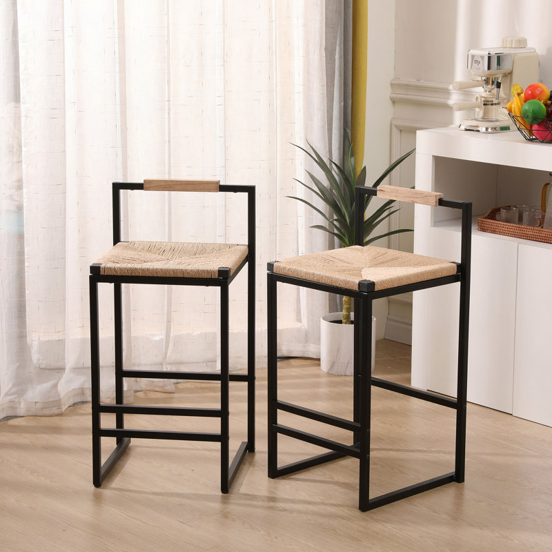 Set Of 2 Bar Stools With Back  Paper Rope Woven Counter Height Dining Chairs For Kitchen, Home