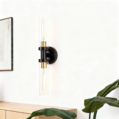 Modern Linear Wall Sconce With Knurled Texture And Clear Glass Tubes, Dual-Light Black And Gold Vanity Fixture For Bathroom, Bedroom, And Hallway