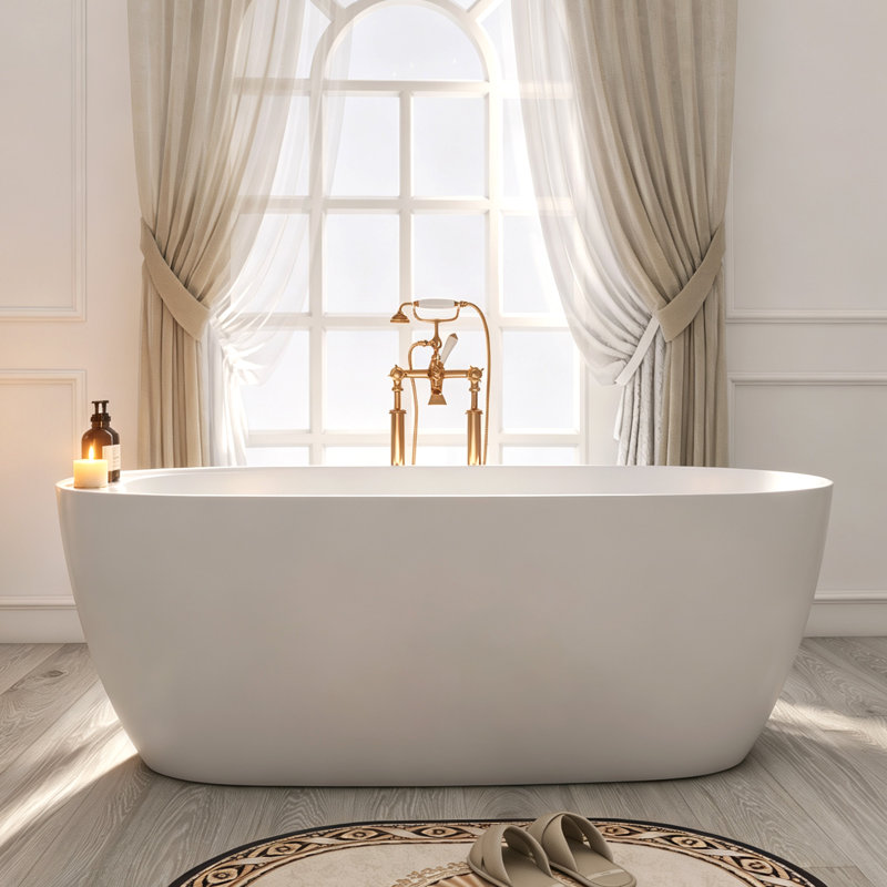 63" Freestanding Bathtub Solid Surface Stone Resin Soaking Tub, Matte White