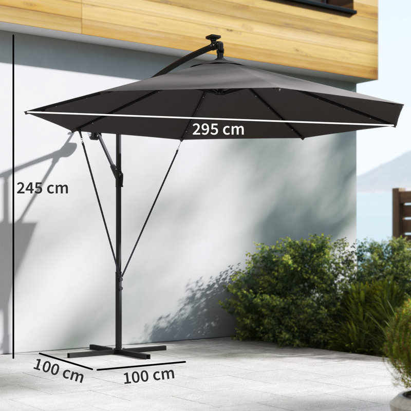 Outsunny 3 m Cantilever Parasol w/ Solar LED Lights, Wind Ropes, Black