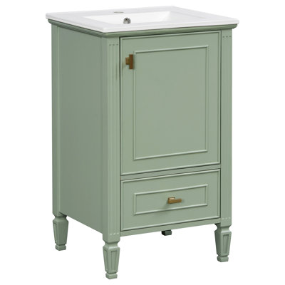 Meuble-lavabo de salle de bain avec lavabo en céramique, pieds en bois massif, meuble-lavabo autoportant avec armoire de rangement, tiroirs et portes à fermeture en douceur, support de rangement