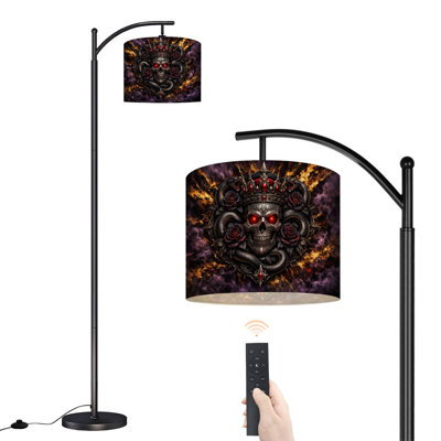 Lampe sur pied à arc en forme de tête de mort gothique avec des serpents et des lampes sur pied en or mauve foncé avec télécommande et abat-jour à DEL