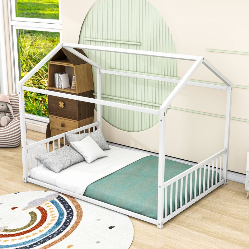 Lit pour enfant en métal avec garde-corps et design Montessori, Double, Blanc