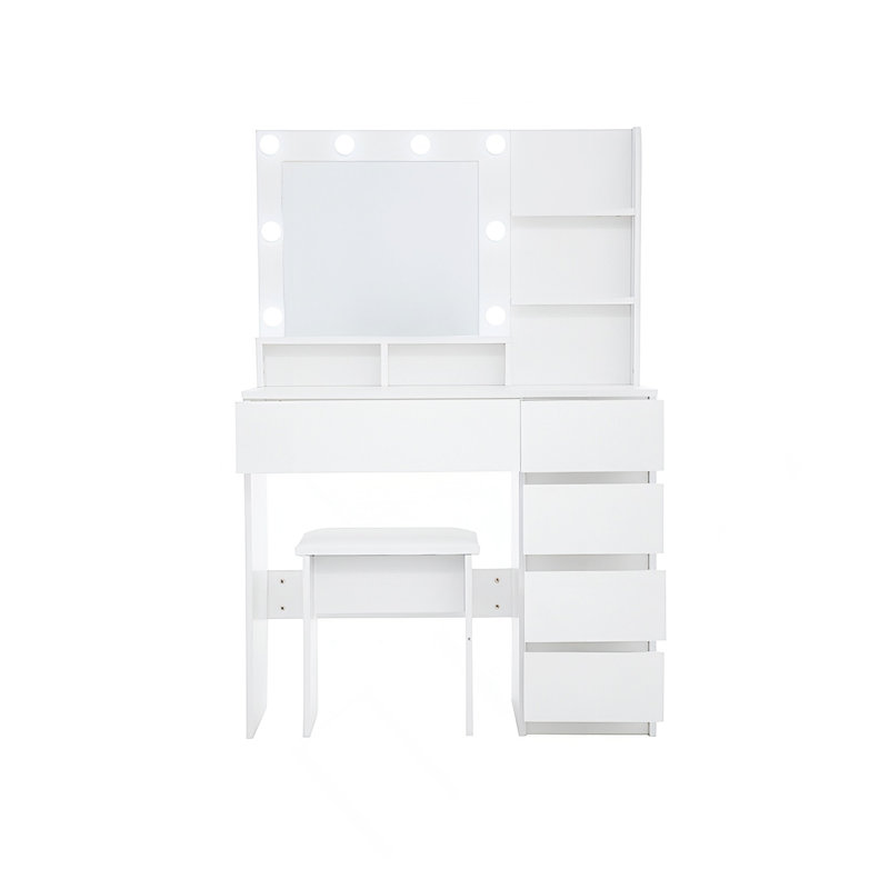 Vanity,Makeup Vanity Desk Set With Mirror Light,Dressing Table Storage Lots With Power Strip,3 Lighting Modes With Adjustable Brightness,37 Inches (White With Stool)