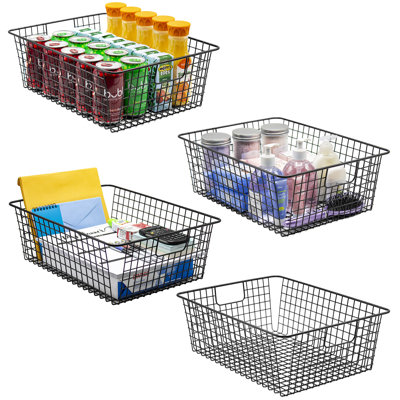 Metal Wire Food Organizer Storage Bin Basket with Handles- 4 Pack, Black