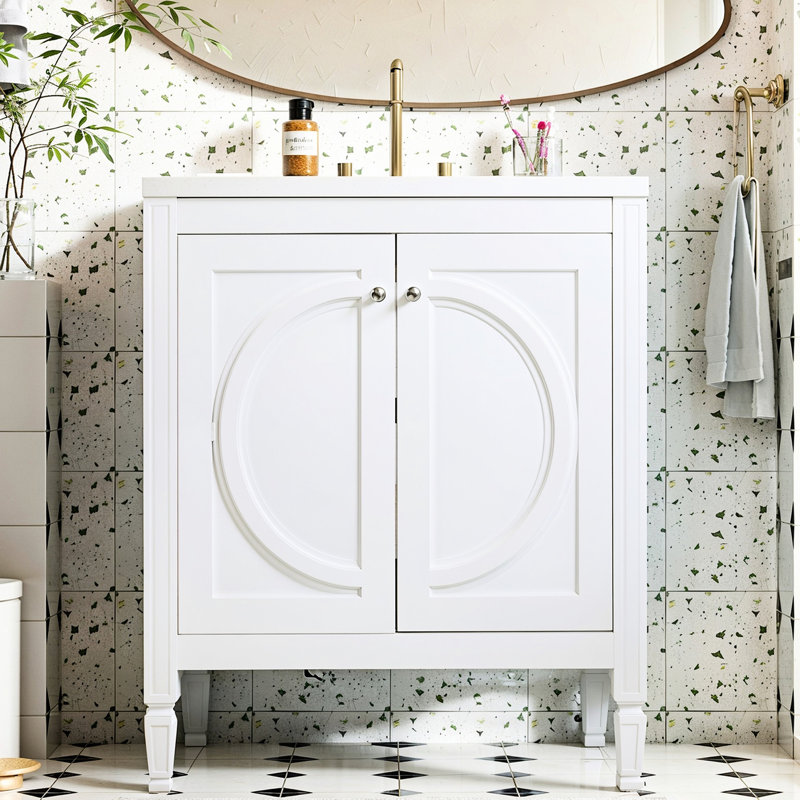 Meuble-lavabo de 30 po avec finition blanc rétro, lavabo en céramique, fonction de fermeture en douceur, bois massif et fabrication, matériau des trous de robinet pré-percés, protection contre le débordement, tablette réglable