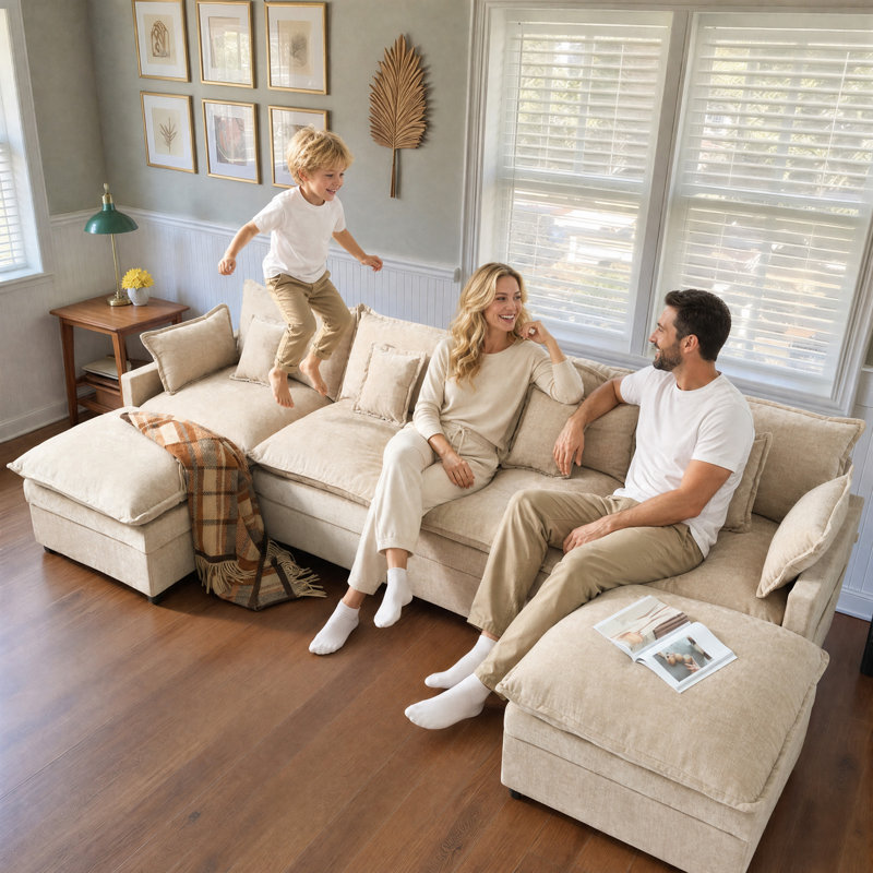 Canapé modulaire en forme de L avec 2 repose-pieds Luxury, Beige