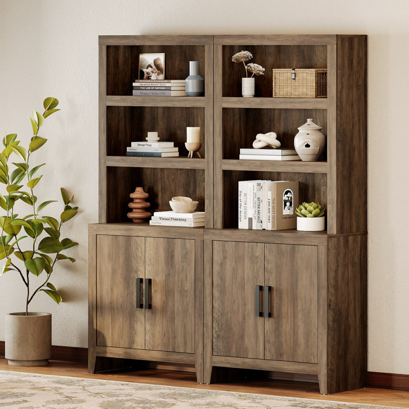 74" Tall Bookshelf With Door, Farmhouse Bookcase With Adjustable Shelf And Storage Cabinet, Library Wooden Bookshelf For Living Room, Office, Brown, Set Of 2