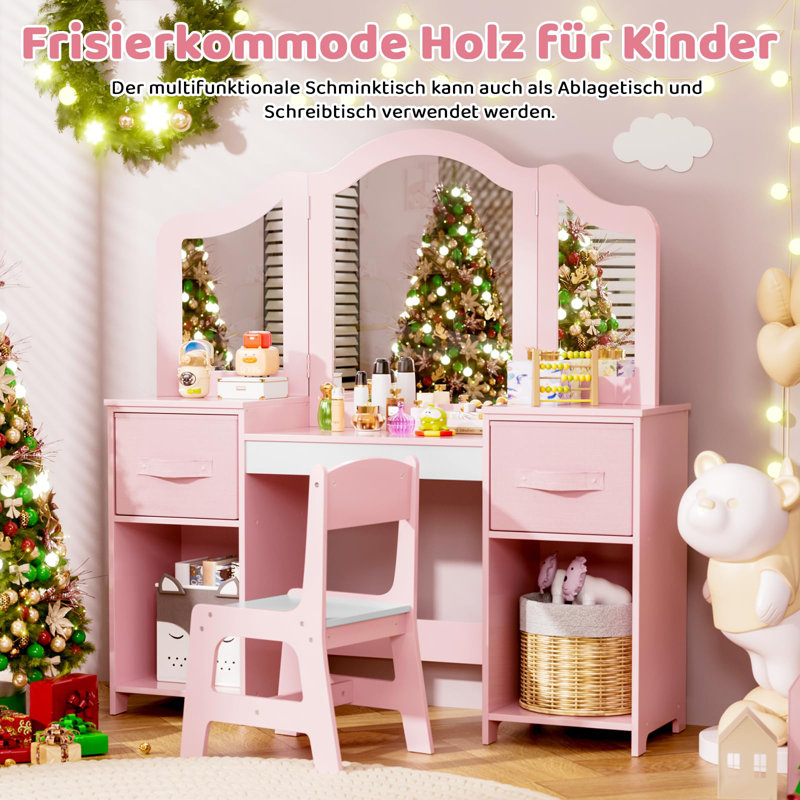 Dressing Table with Mirror, White/Pink