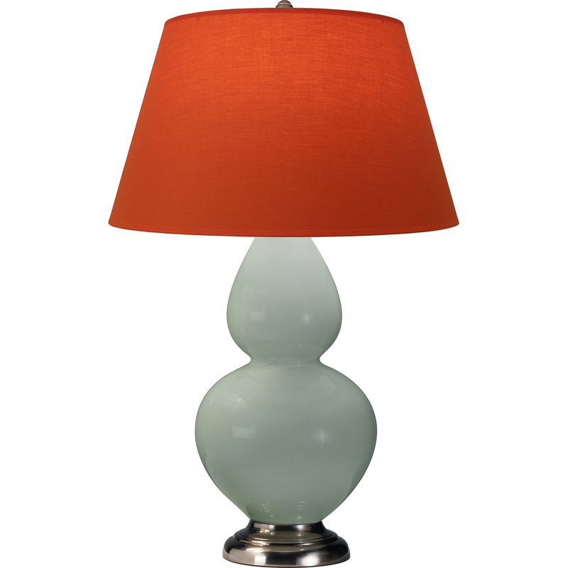 Lampe de table double gourde en céramique, Céladon glacé / argent antique, Tangerine / doublure taupe, Argent argent