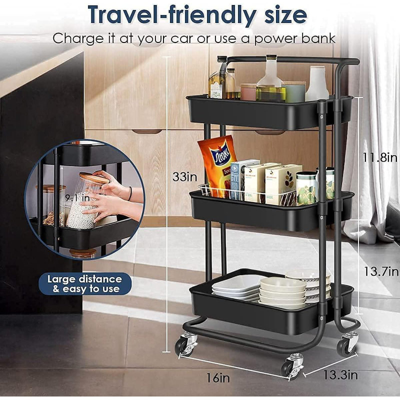 Black 3-Tier Metal Rolling Utility Cart with Casters