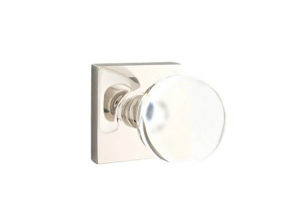 Ensemble de mortaise intérieure Emtek Passage avec rosette carrée et poignée en verre Bristol (droite), Nickel poli