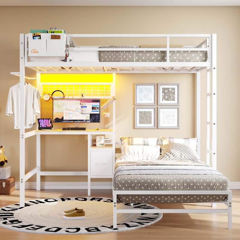 Twin Over Twin Bunk Bed With Desk And Charging Station, Metal Loft Bed, Twin Bed With Led Lights And Storage Shelves And Drawers, L-shaped Bunk Bed