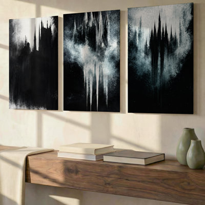 3 Pieces Exculisive Black and Gray Gothic Spires Large Wall Art Moody Triptych Panorama Canvas Decor, Canvas Decor for Living Room, Bedroom and Office