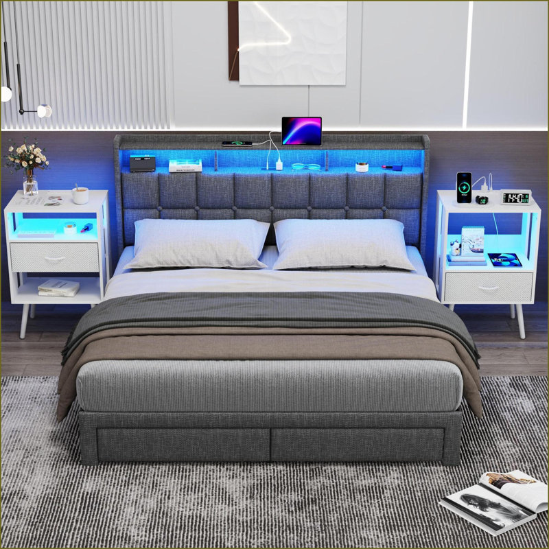 2 Pack Modern Nightstand with Charging Station, LED &amp; Fabric Drawer, White