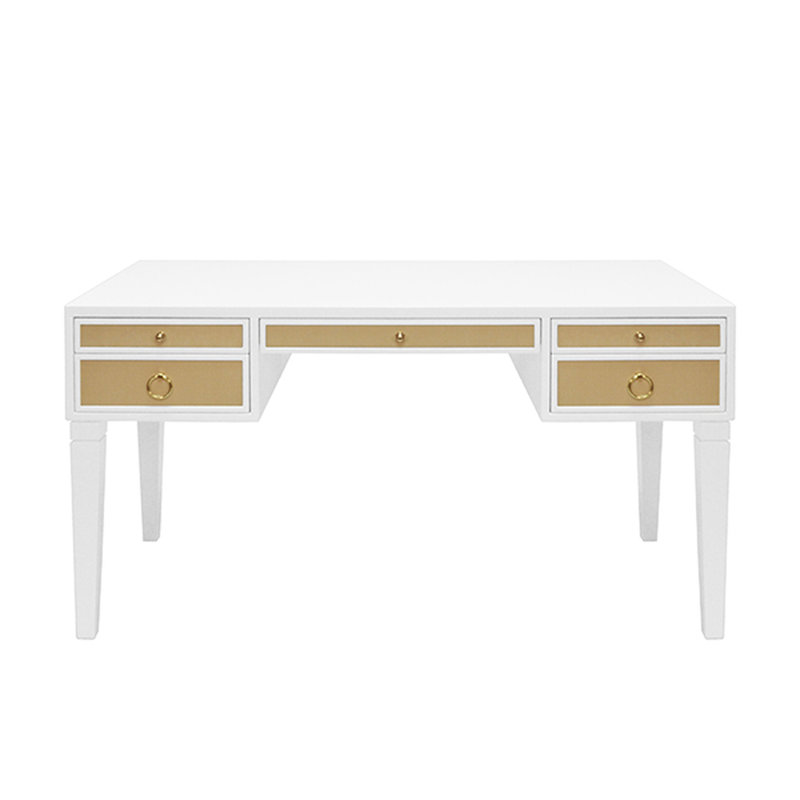 Contemporary White Foldable Writing Desk with Brass Hardware and Grasscloth Drawer