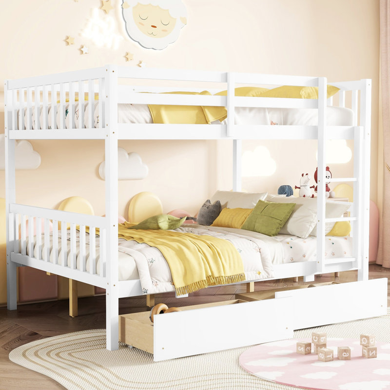 Lit superposé double avec 2 tiroirs, bois d'hévéa blanc détachable, mesure le bois sur les tiroirs blanc, pour lits indépendants, caractéristiques