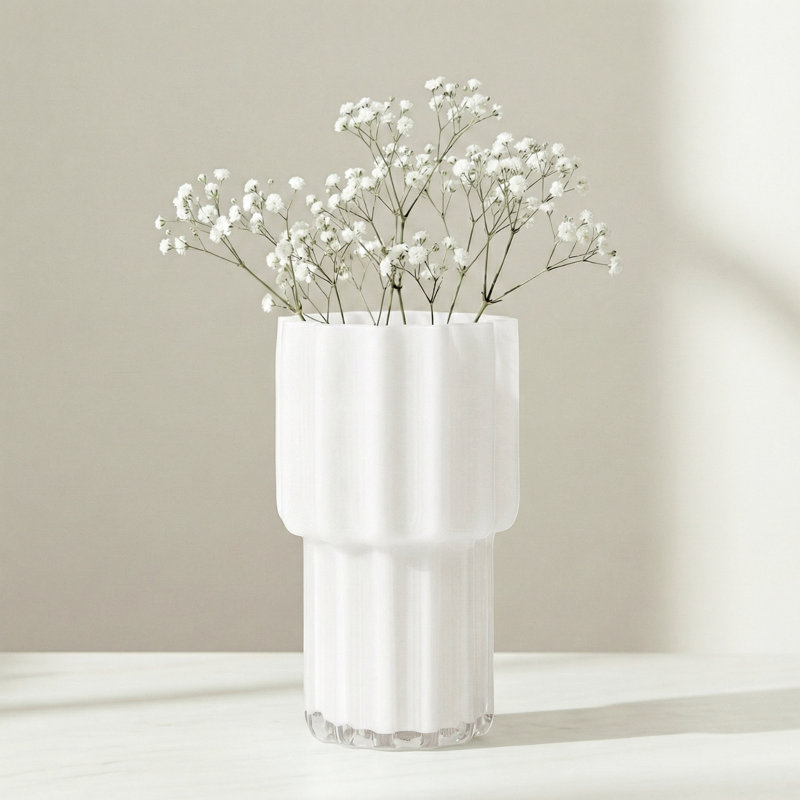  Vase en verre blanc nervuré 8 "pour décor floral Marais, Blanc