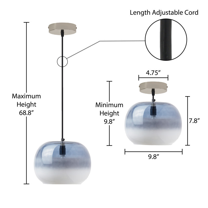 9.8"W Danielle Glam Globe Shade Pendant, Nickel, Blue