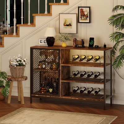 Industrial Wine Cabinet w/ LED Lights & Outlets – Rustic Brown, Metal Mesh Door, 12-Bottle Rack, Coffee Bar – 42x14x31 in, Rust Brown