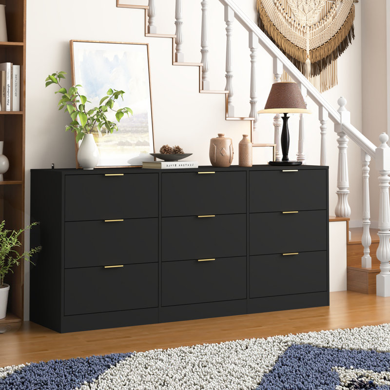 Commode moderne avec 9 tiroirs, 63 po de large espace de rangement pour la chambre à coucher et le couloir, Noir
