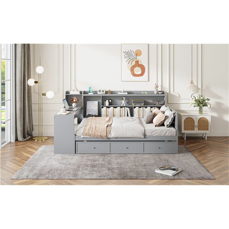 Lit de jour en bois avec 3 tiroirs, ports USB et bureau, Complet/Double, Gris