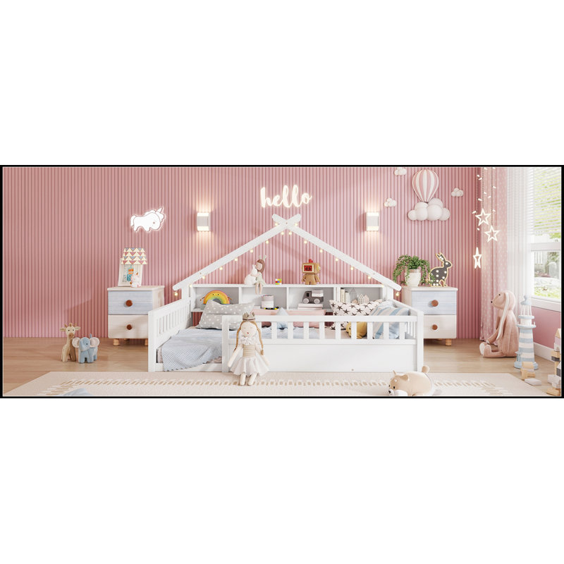 Lit double sur pied avec lumière, tablettes de rangement et forme de toit, Full, White
