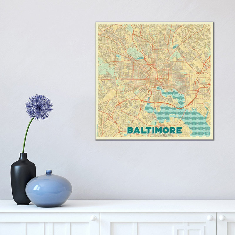 Baltimore Retro Urban Blueprint Map by Hubert Roguski - Wrapped Canvas Painting, 45.72 cm H x 45.72 cm W x 3.175 cm D