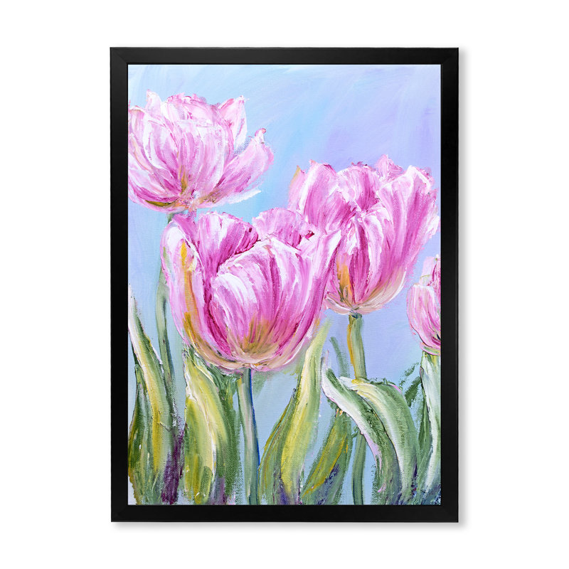 «Vintage Pink Tulips Flowers», peinture sur toile encadrée, H 20 po x l 12 po x P 1 po, Toile avec cadre photo noir