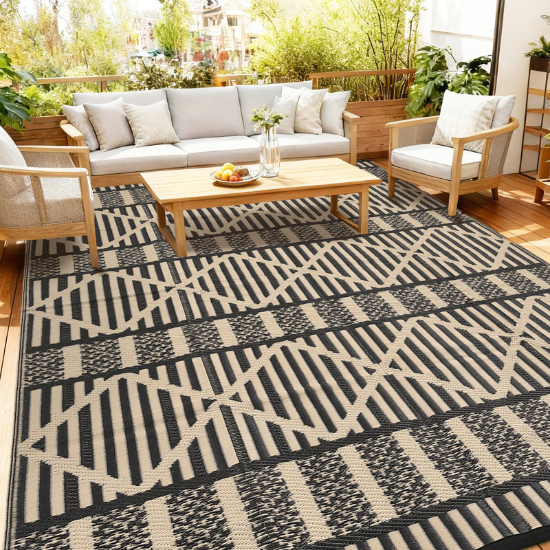 Boho Outdoor Rug Waterproof Reversible Plastic Straw Mat – Collapsible, Durable, Easy to Clean, for Patio, Deck, Balcony, Backyard, Porch, RV Camping