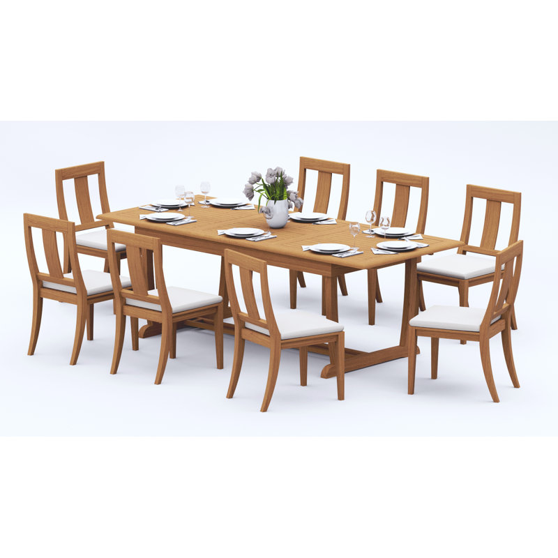 Ensemble de salle à manger 11 pièces en bois de teck de qualité A: table de chevet rectangulaire à double tréteaux 94 po et 10 chaises sans accoudoirs Osborne # 11OS2100