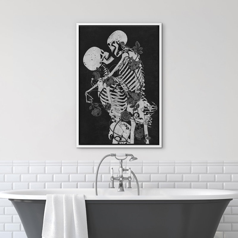 «Skeleton Kiss», gothique Moody foncé, œuvre d'art moderne, décor, Cadre flottant blanc, H 24 po x l 16 po