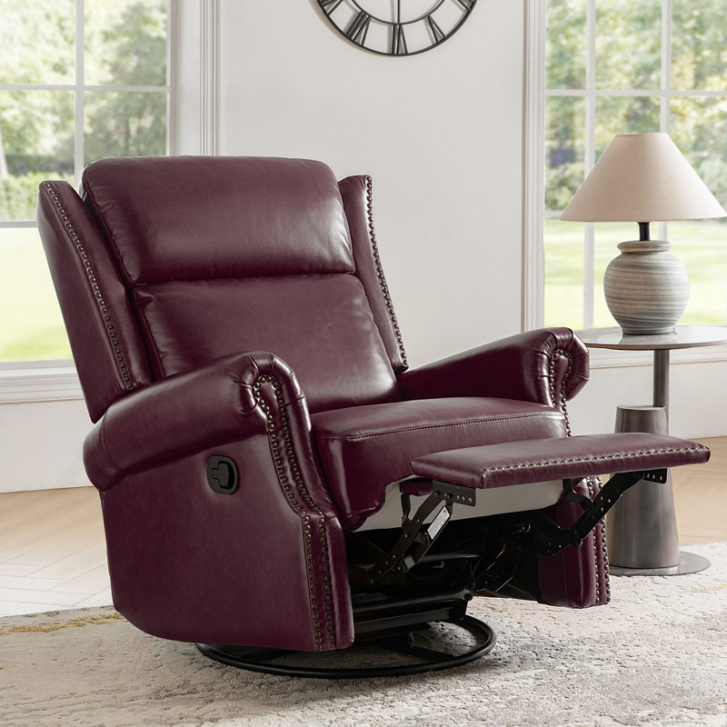 Hayliee Waxed Leather Swivel Glider and Rocker Recliner, Burgundy