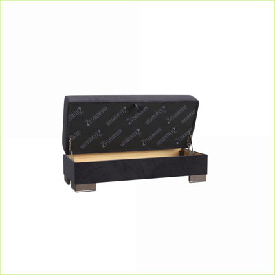 Ottoman with Storage, Convertible Black Microfiber | Walnut Brown Wood Trim | Small Spaces, Dorms, Studios