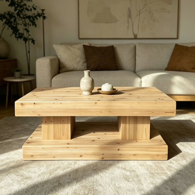 La table basse de 47,24 po en bois massif naturel rehausse votre salon avec du bois naturel de première qualité au grain visible et des nœuds pour une sensation chaleureuse et organique.