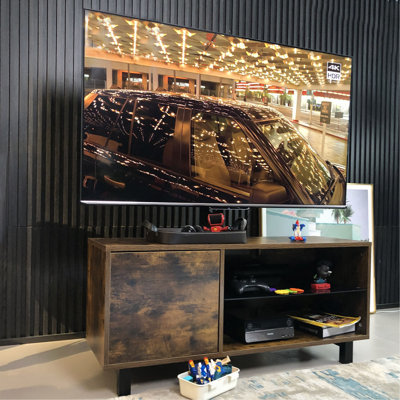 Meuble télé rustique brun avec armoire de rangement à pousser pour ouvrir un téléviseur jusqu'à 65 po en bois et verre