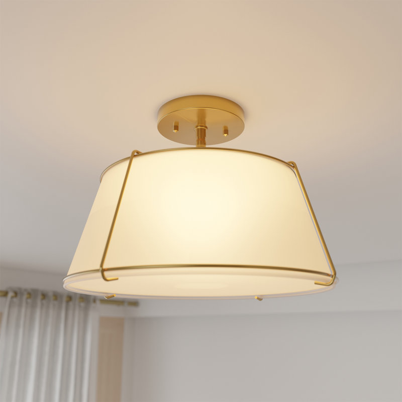 2-Light Matte Brass Flush Mount Ceiling Light with Off-White Fabric Shade and Acrylic Diffuser, Matte Brass