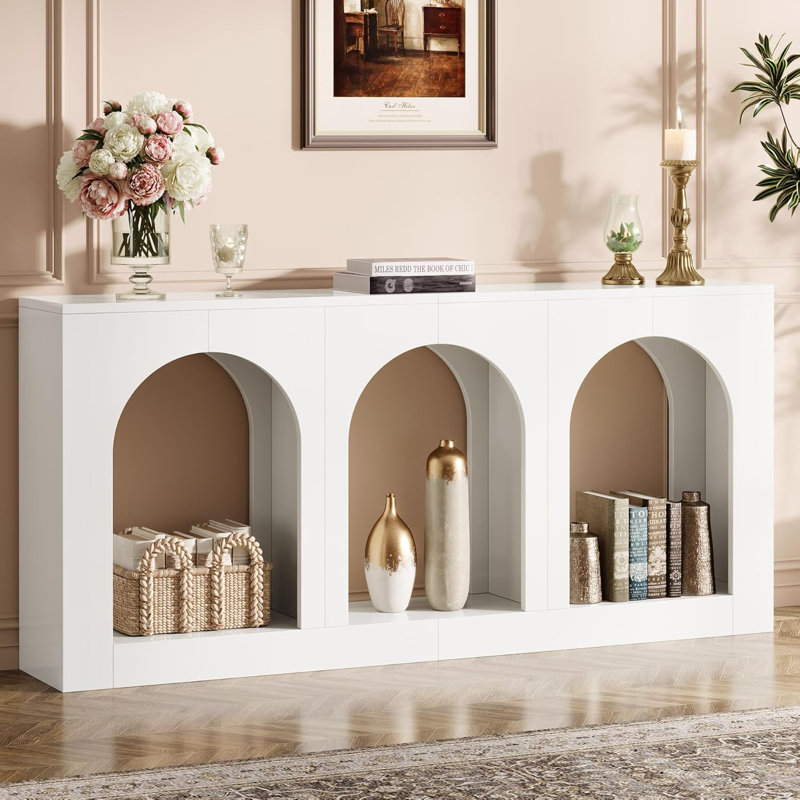 Console ouverte à 3 arches, canapé d'entrée en bois aggloméré blanc de 70,9 pouces avec trois coins de rangement encastrés en arche, table d'appoint classique pour vestibule, salon et canapé derrière
