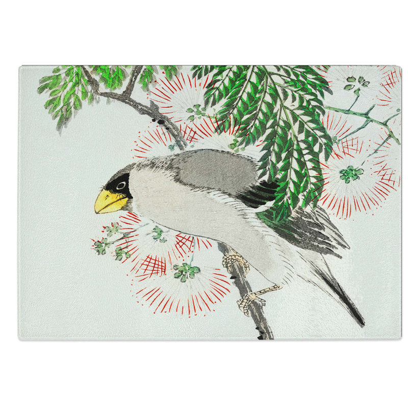 Glass Masked Hawfinch & Silk Tree by Numata Kashu Chopping Board, 28.5 cm W x 20 cm L