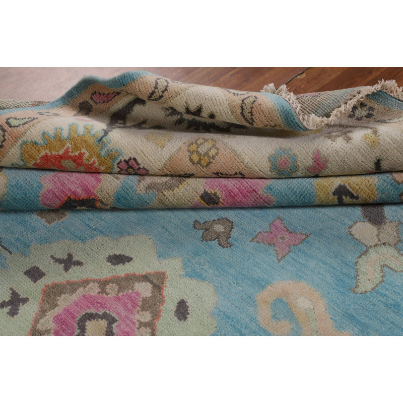 Tapis oriental bleu clair à motif floral Oushak 9 x 12