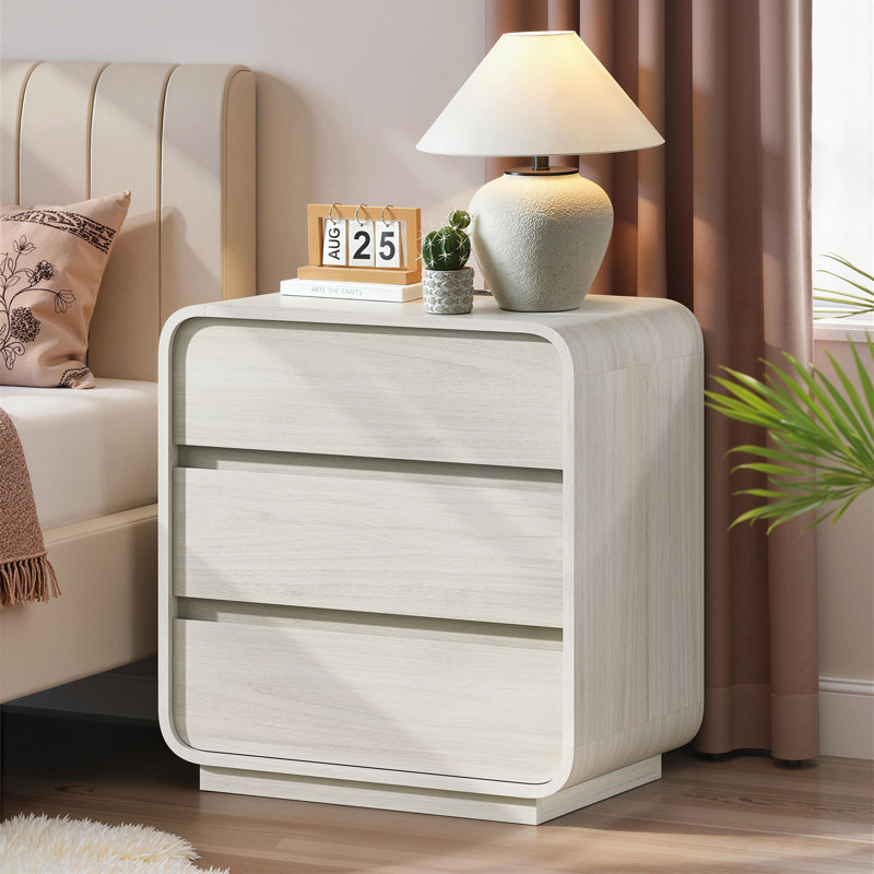 Table de chevet haute 25 po avec station de charge et 3 tiroirs, table d'appoint incurvée, ensemble de 2 tables de bout en bois blanc