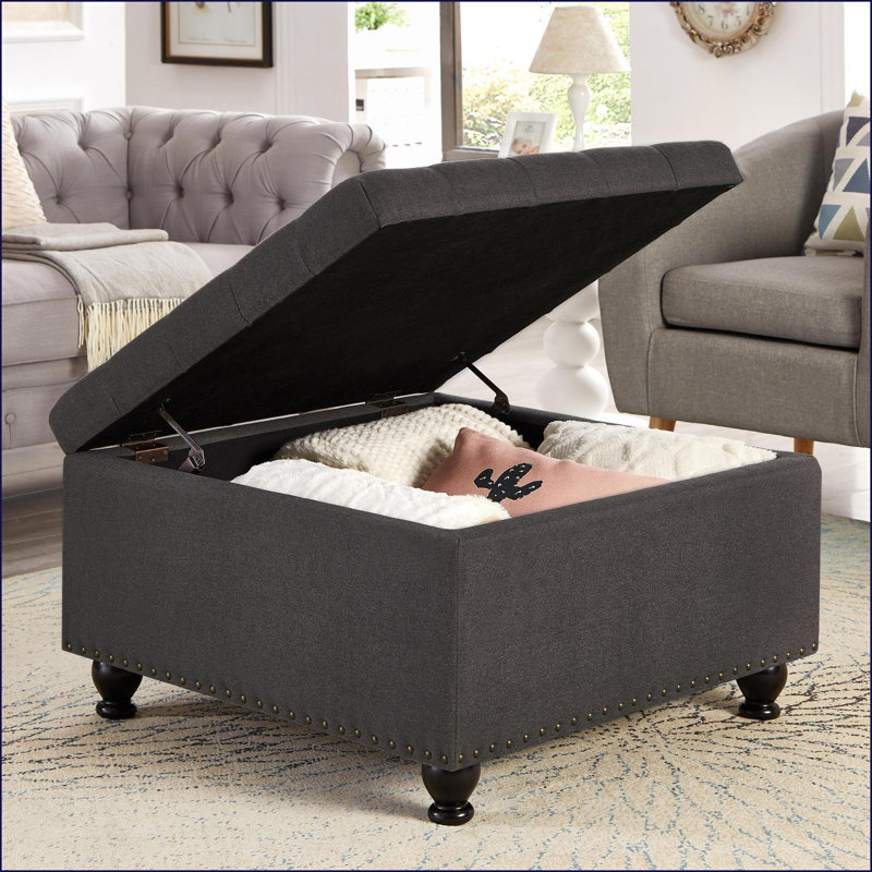 Storage Ottoman with Button Tufting, Solid Wood Legs & Nail Trims for Living Room/Bedroom, Dark Gray | Black | Wood, Gray