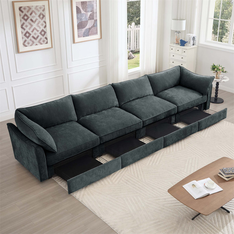 Canapé pour 4 personnes super confortable et fonctionnel avec tiroirs de rangement sous chaque siège, idéal pour les réunions de famille